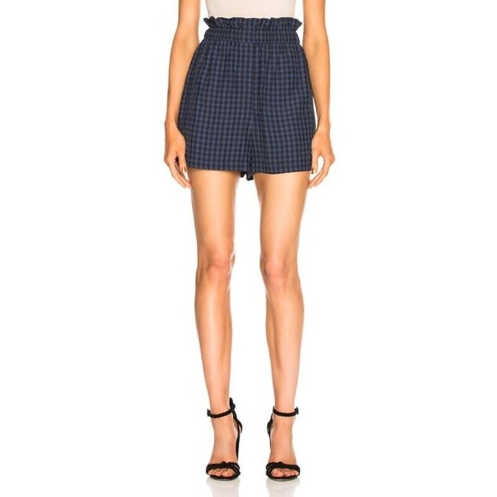 TIBI Shorts Women XS Navy Gingham Paperbag Waist Ruffle Plaid High Rise Casual